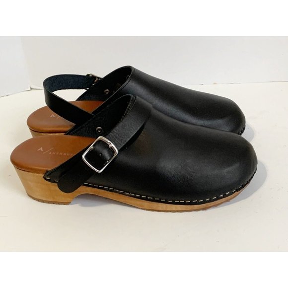 A/Anthropologie Black Leather Wood Heel CLASSIC Stapled Clogs Mules 40 US 8.5 - Picture 2 of 10